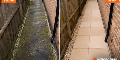 Before and after photos of a cleaned outdoor walkway with new tiles.