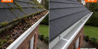 Before and after images of a cleaned and cleared roof gutter.