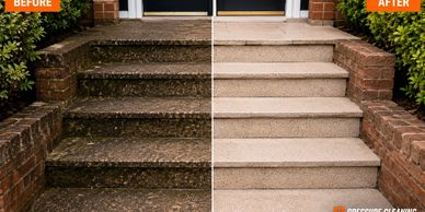 Before and after cleaning of outdoor concrete stairs showing a dramatic transformation.