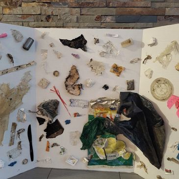 Various pieces of trash and debris scattered on a surface.