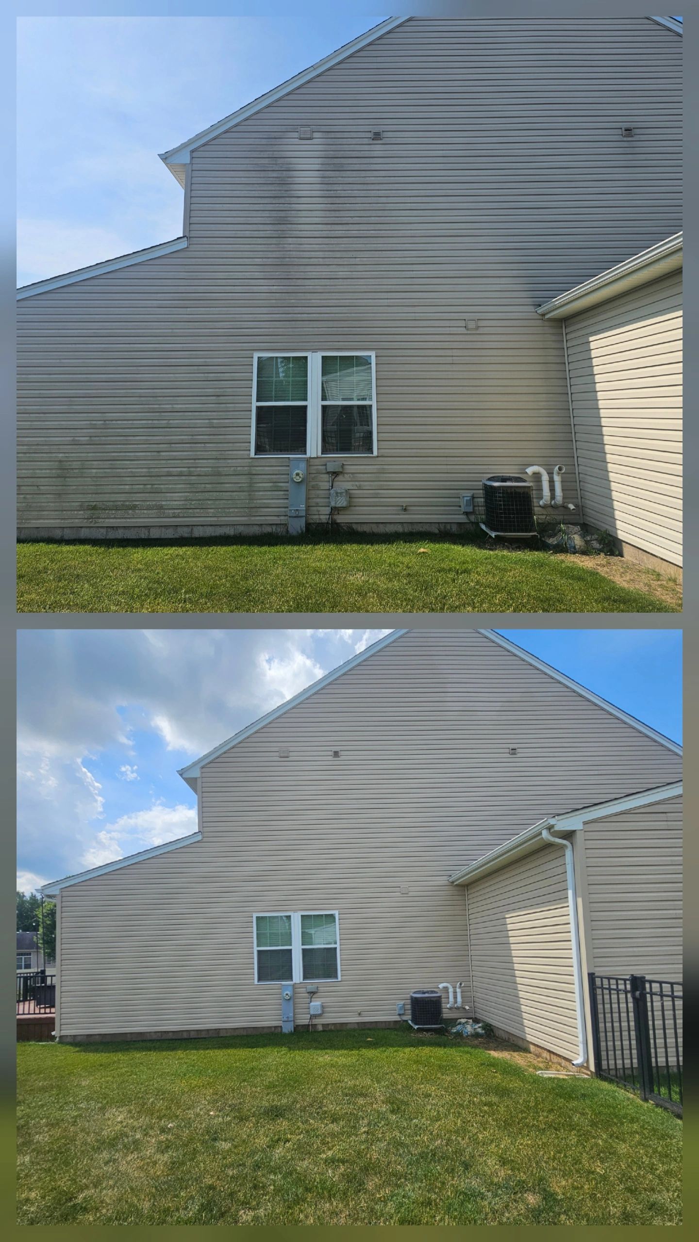 A before pic of Siding with algae on it and an after pic of clean siding. 