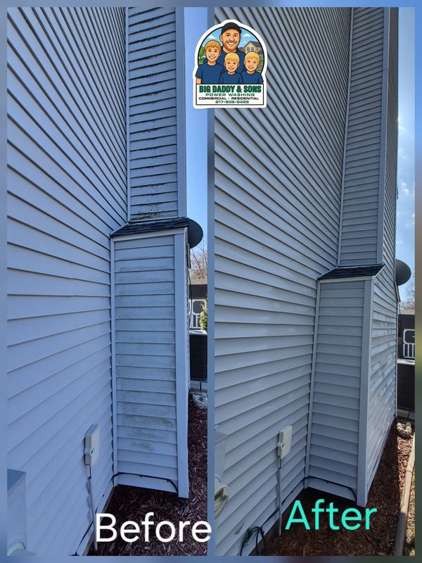 Before and after siding cleaning on a house's exterior corner.