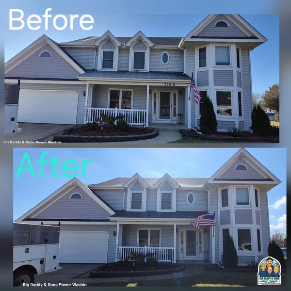 Before and after power washing of a two-story house's exterior and driveway.