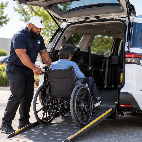 Man pushing person in wheelchair into accessible vehicle.