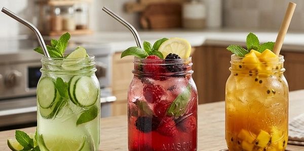 Three colorful fruit-infused drinks in jars.