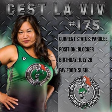 Roller derby player Cest La Viv with stats and team logo.