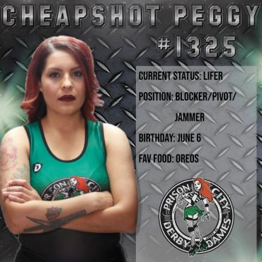 Roller derby player Cheapshot Peggy with stats and team logo on metal background.