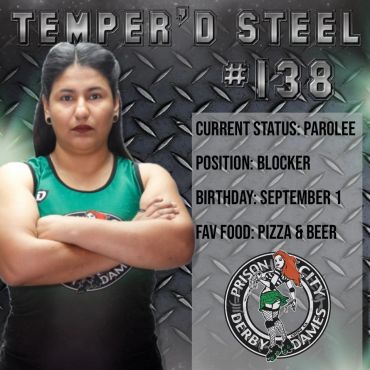 Temper'd Steel #138, a blocker for Prison City Derby Dames, prefers pizza and beer.