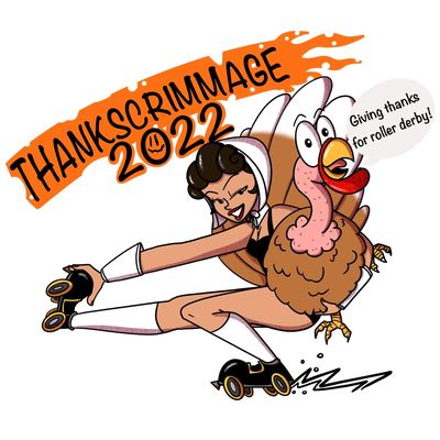 A roller derby skater dressed as a turkey with a 2022 Thankscrimmage banner.
