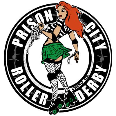 Logo of Prison City Roller Derby featuring a red-haired skater in chains.