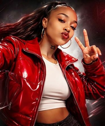 Young woman in a red leather jacket making a peace sign.