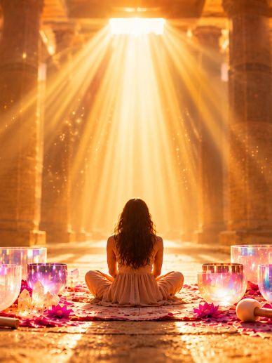 Woman meditating in a sunlit temple surrounded by crystal bowls and flowers.