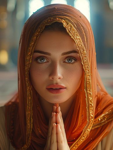 A woman in an orange headscarf praying inside a softly lit mosque.