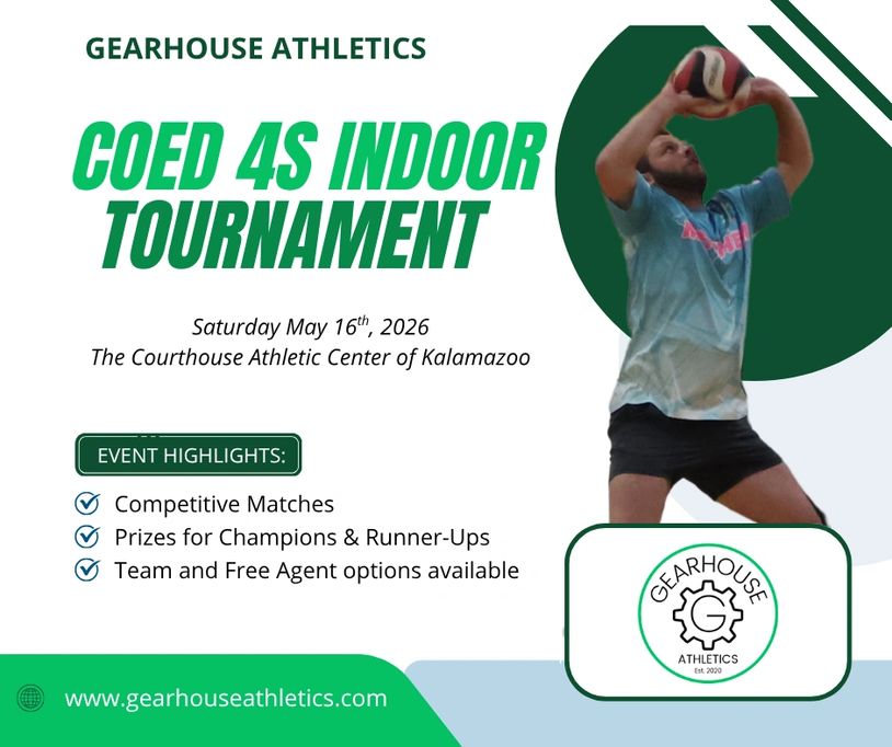 Flyer for Gearhouse Athletics' Coed 4s Indoor Volleyball Tournament on May 16, 2026.