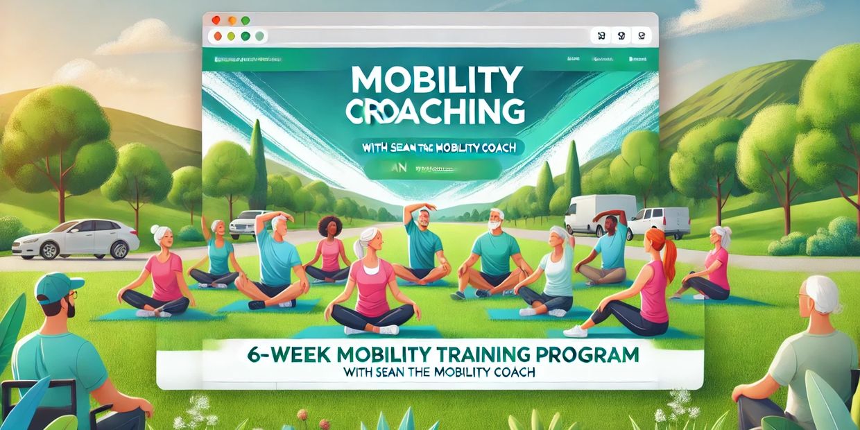outdoor setting with green hills trees, and  group of diverse individuals mobility exercise session.