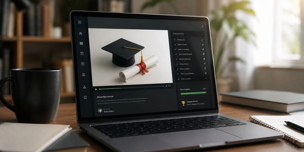 Laptop displaying graduation cap and diploma on screen.