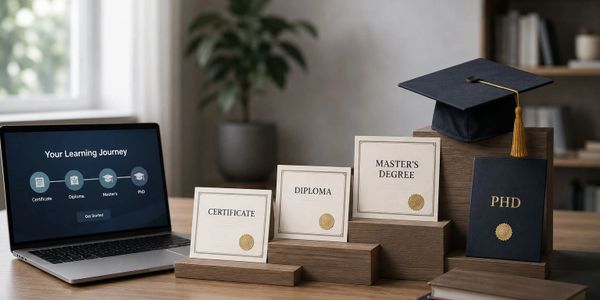 A laptop and framed academic certificates showing learning milestones with a graduation cap and diploma.