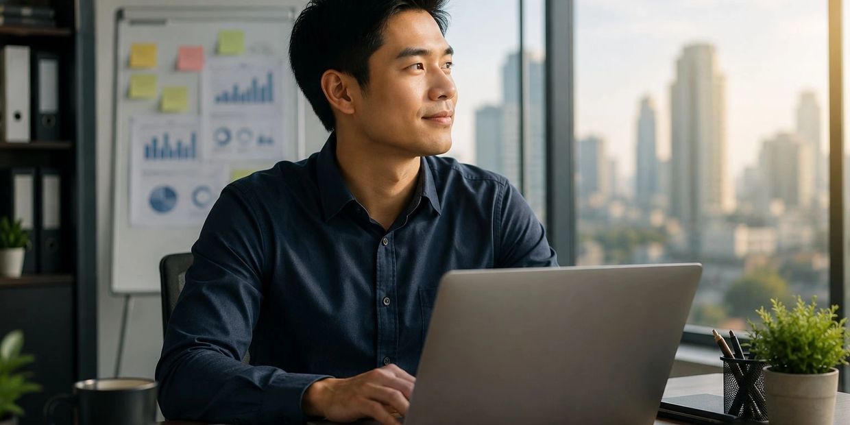Young man working on a laptop in a modern office with cityscape view.
