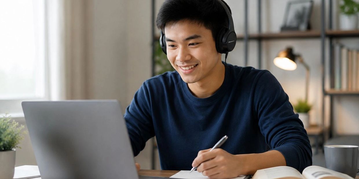 Young man studying online with headphones and a laptop.
