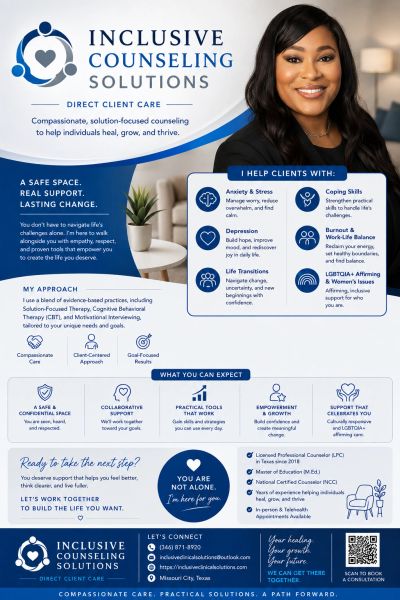 Inclusive Counseling Solutions offers compassionate, solution-focused counseling.