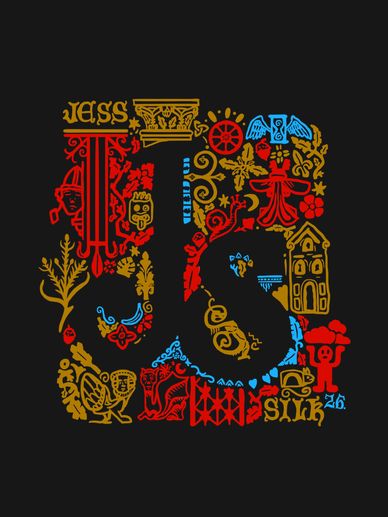 Intricate colorful symbol collage forming the shape of a letter.