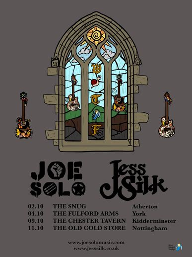 Tour poster for Joe Solo and Jess Silk with gothic window and guitars.