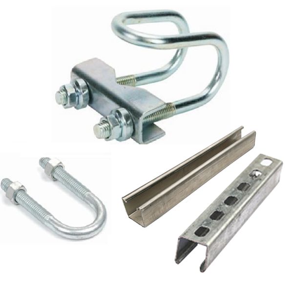 Various metal U-bolts and metal channel pieces used for mounting or securing objects.