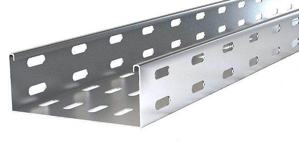 Metal cable tray with ventilation slots for wiring support.