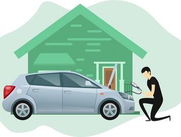 Person inspecting a car engine in front of a house.