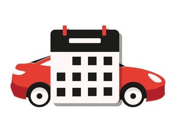 Red car behind a calendar, symbolizing scheduled car maintenance or rental.