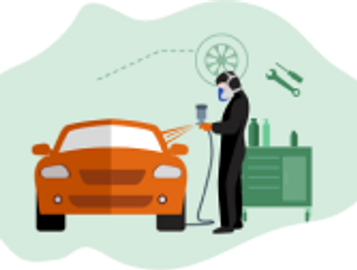 A mechanic inspecting a car in a garage with tools.