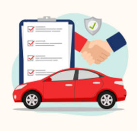Red car with handshake and checklist symbolizing car sale or agreement.
