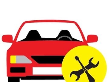 Red car icon with a yellow maintenance tools symbol.