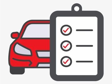 Red car with a checklist clipboard symbolizing a vehicle inspection.