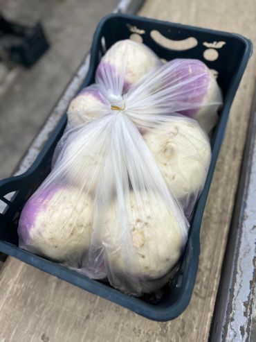 Plastic bag filled with purple and white turnips in a blue basket.