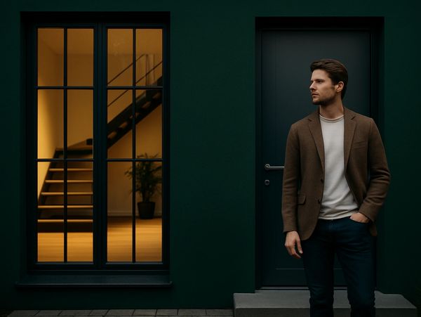 A man in a brown blazer stands outside a dark green house door at dusk.