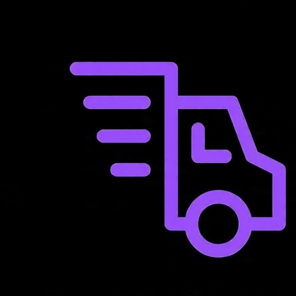 Purple delivery truck icon symbolizing fast shipping on black background.