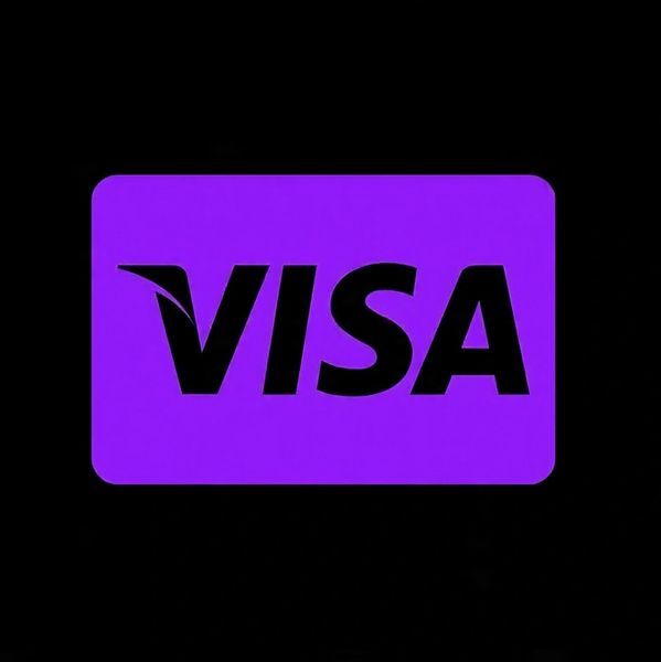 Visa logo in purple on a black background.
