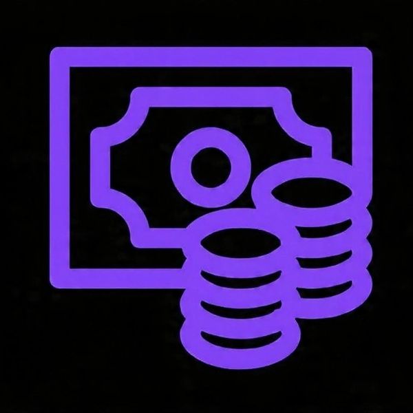 Purple icon of money bill and stacked coins on black background.