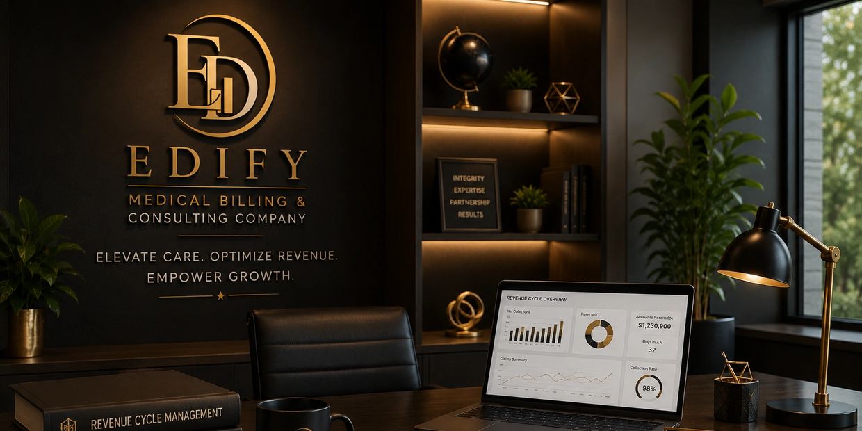 Modern office interior of Edify Medical Billing &amp; Consulting with emphasis on revenue optimization.