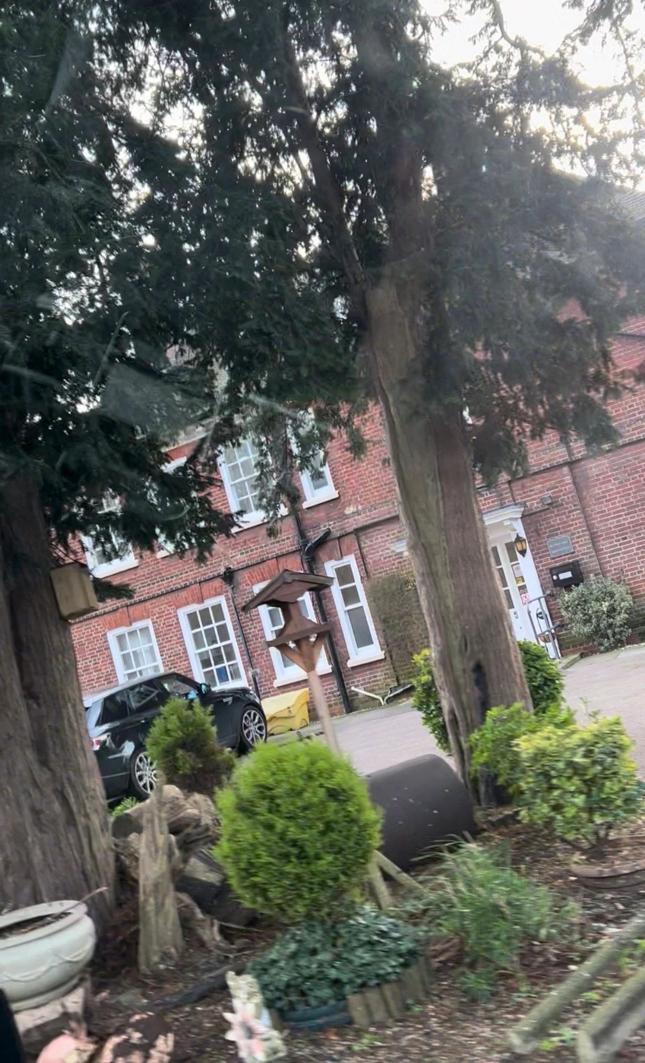 Tree-lined garden area outside a brick building with parked car.