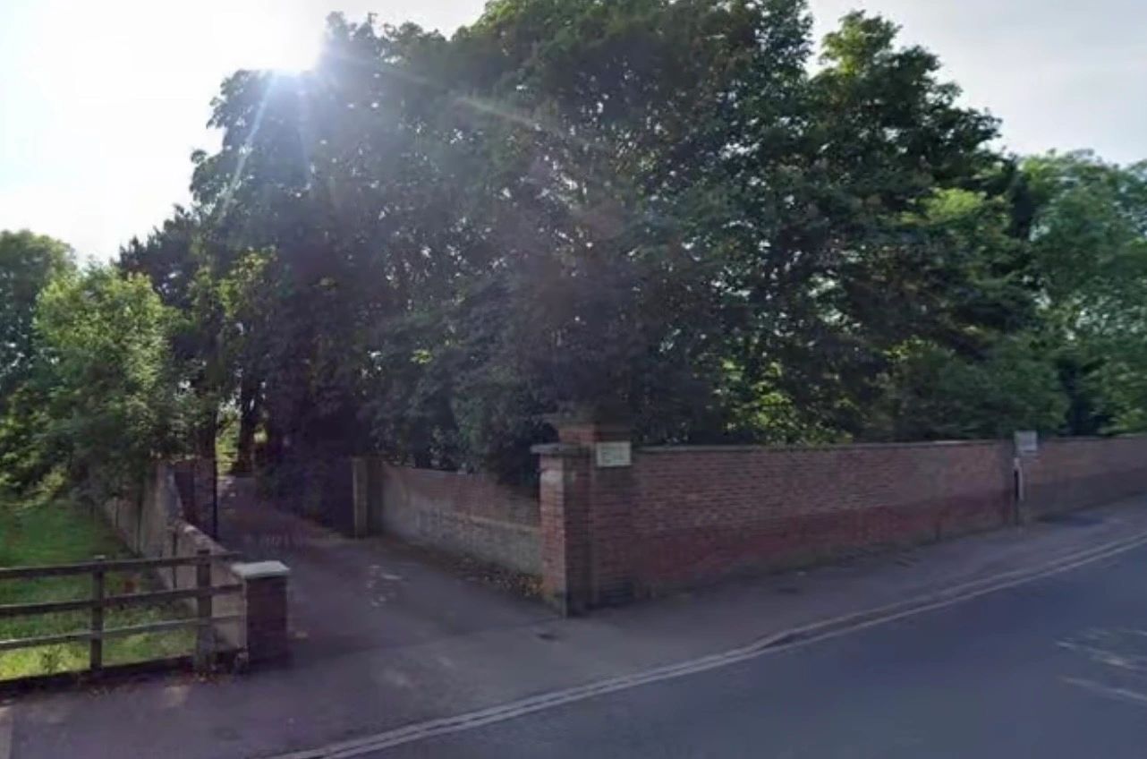 Sunlight shines over a leafy pathway entrance beside a brick wall.