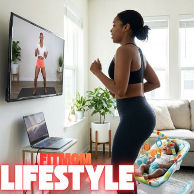 A woman exercises at home while watching a fitness video, with a baby nearby.