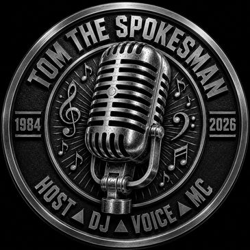 Metal emblem featuring a vintage microphone with musical notes and text for Tom The Spokesman.