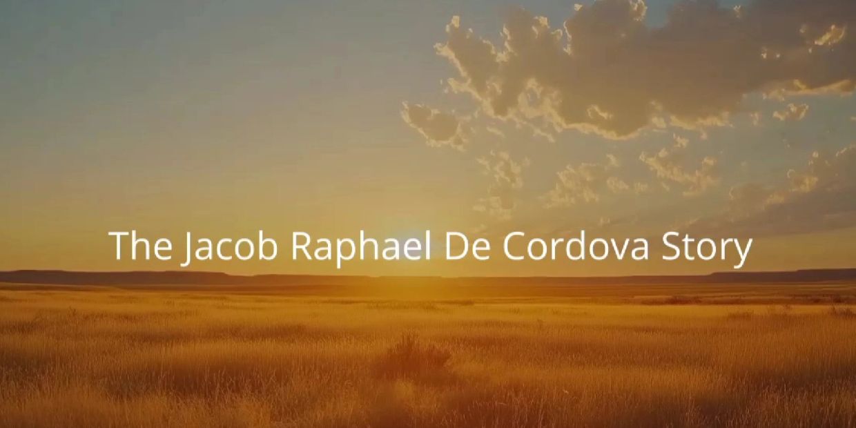 Title screen for The Jacob Raphael De Cordova Story against a sunset field.
