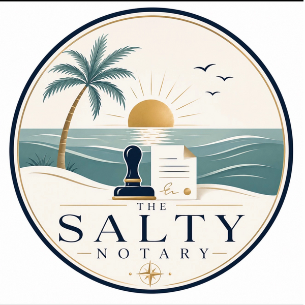 Coastal-inspired logo for The Salty Notary featuring a palm tree, ocean sunset, &
notary stamp 
