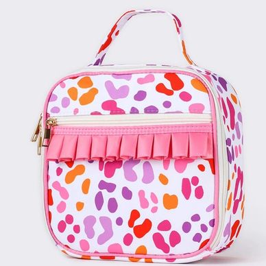 Colorful leopard print lunch bag with pink ruffle.