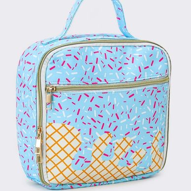 Blue ice cream-themed lunch bag with sprinkles design.