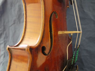 Close-up of a wooden violin showing the f-hole and bridge.