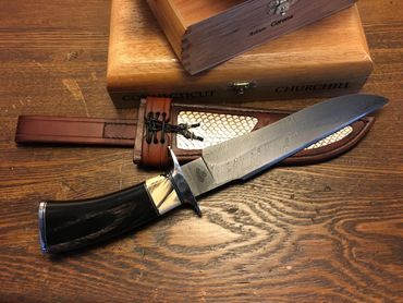Persian Fighter Bowie-Twist Damascus blade with Mammoth Tusk and Buffalo horn handle-Cobra inlay 